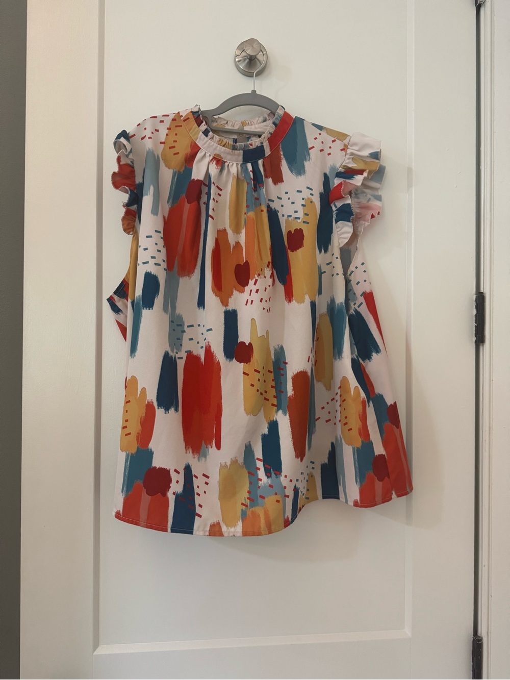 SHEIN White Multicolor Brushstroke Ruffle Sleeve Blouse
